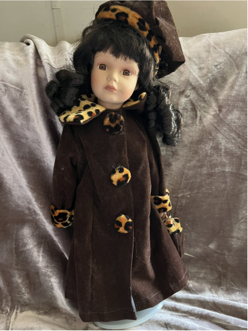 VINTAGE Porcelain Doll 17" Collectors Choice With Stand AND LONG LEOPARD FURCOAT